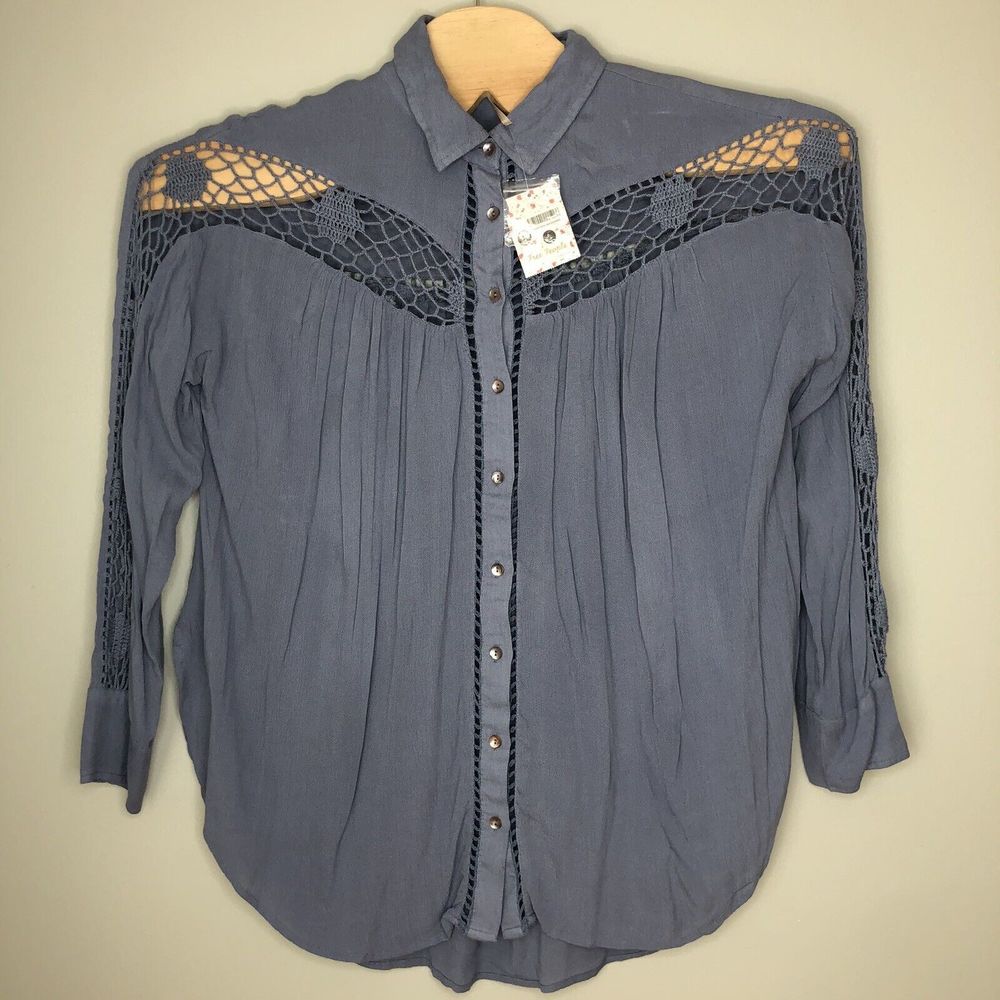 Free‎ People Women's Medium Blue Tunic Button Front Crochet Eyelet Blouse Top
